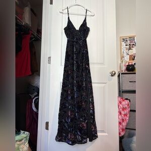 Lulu's “Pretty Companion Black Floral Velvet Burnout Maxi Dress”